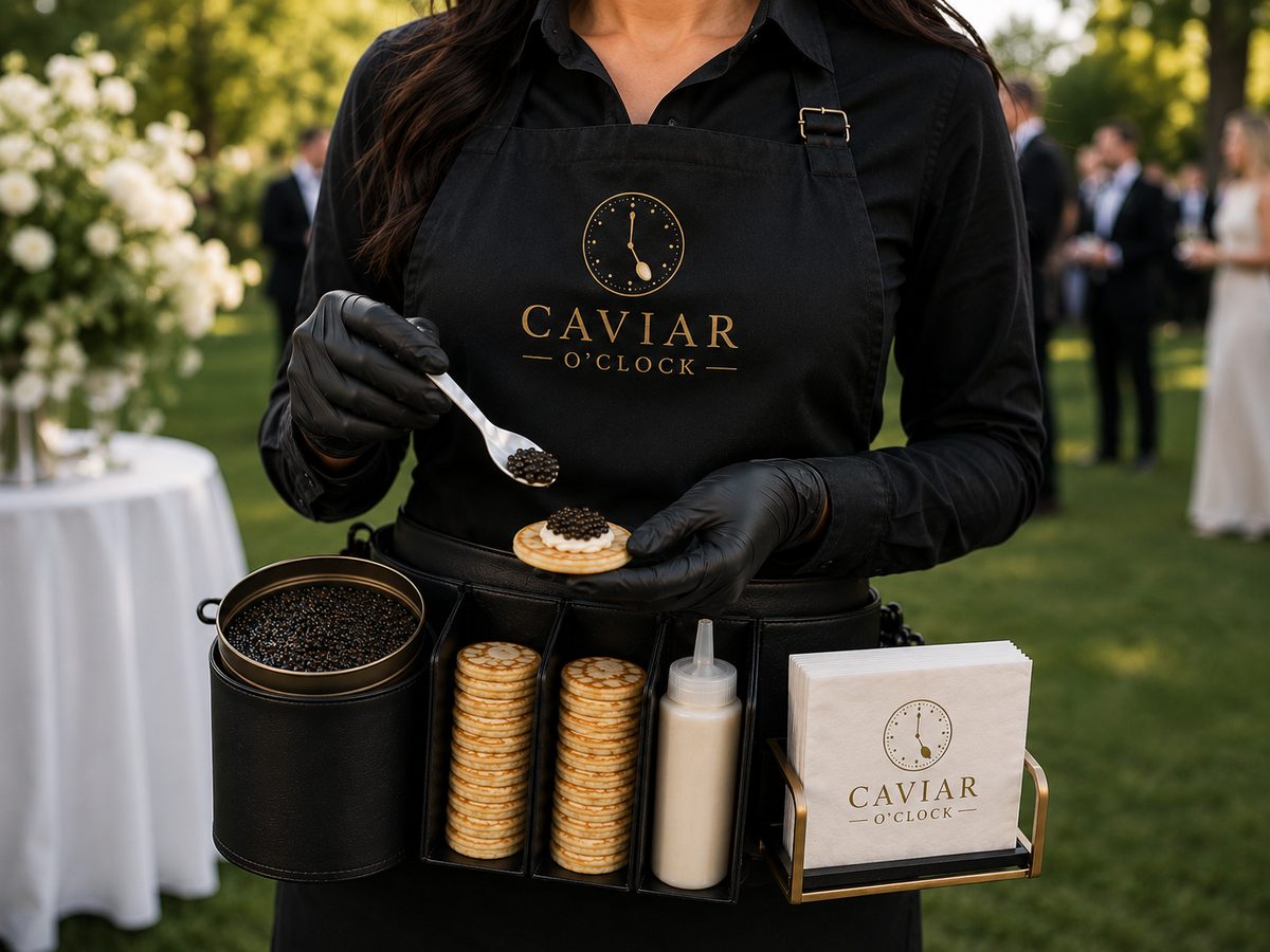 The Caviar O'Clock serving belt carrying caviar, blini, creme fraiche and branded napkins