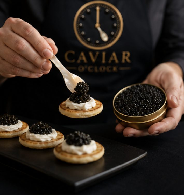 Osetra caviar being spooned onto blini with creme fraiche beside an open tin
