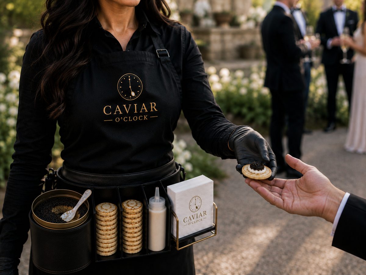 A uniformed Caviar O'Clock server offering a blini topped with caviar to a guest at an outdoor event